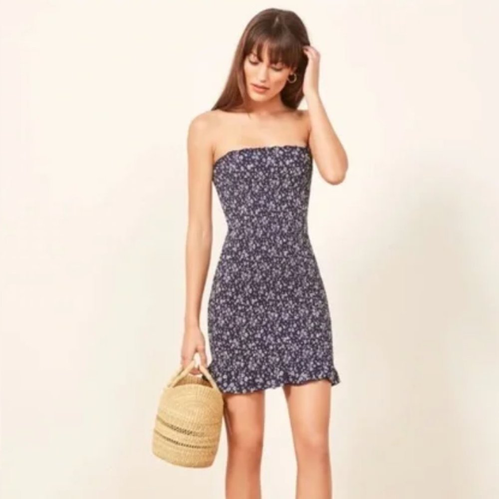 Reformation Chantilly Floral Navy Tube Dress